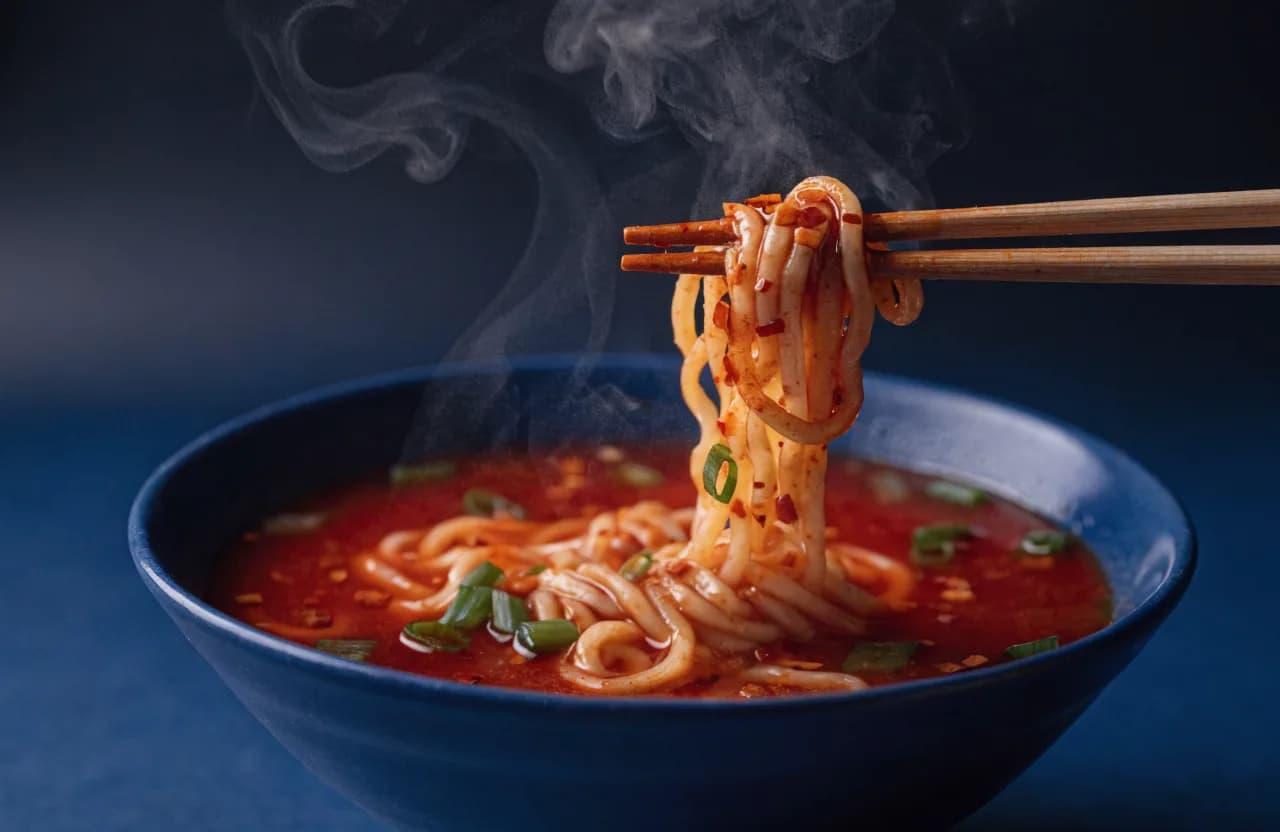 Steaming bowl of Korean ramyeon noodles