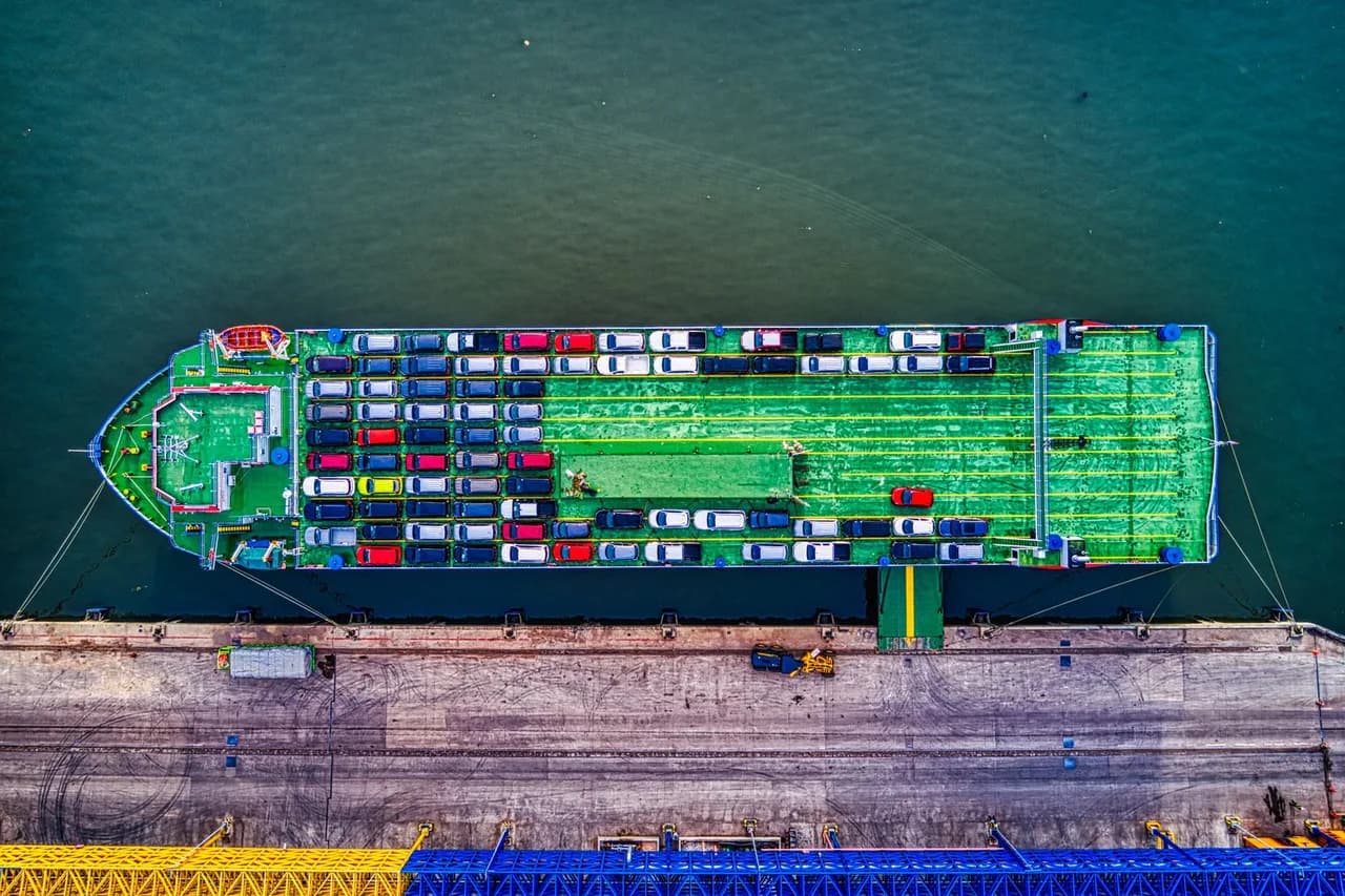 Aerial view of a RORO car carrier loaded with vehicles