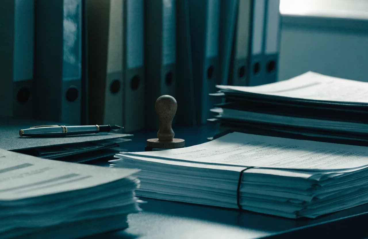 Export documents and stamp on an office desk