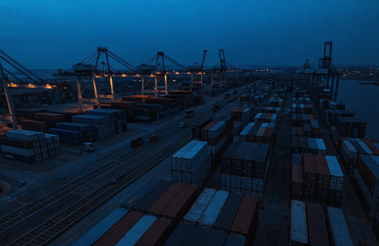Container terminal at dusk